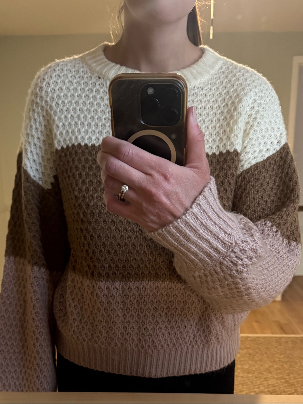 Abercrombie & Fitch Striped Crewneck Sweater in Cream, Brown & Pink